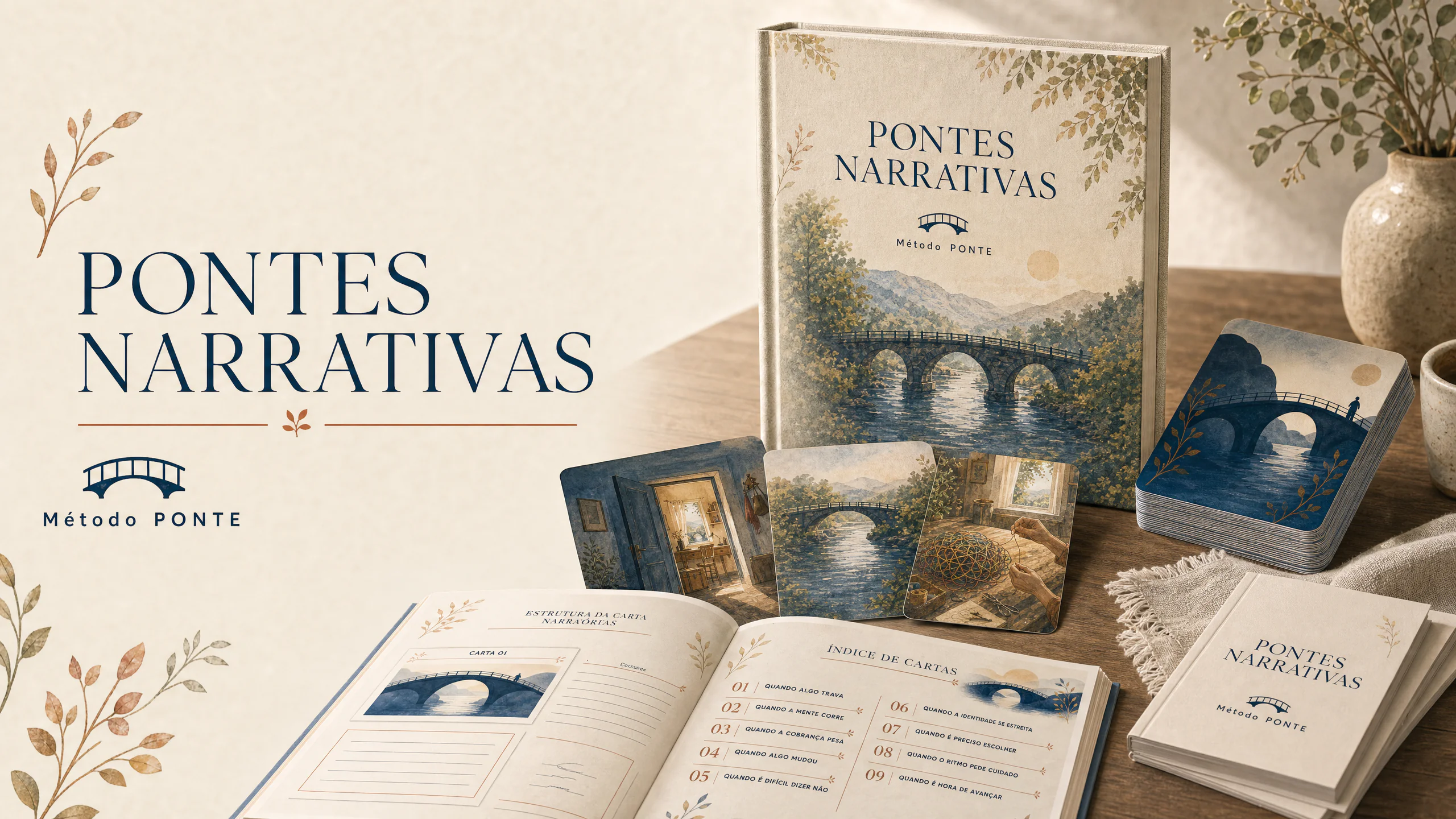 Mockup do conjunto Pontes Narrativas com cartas e materiais